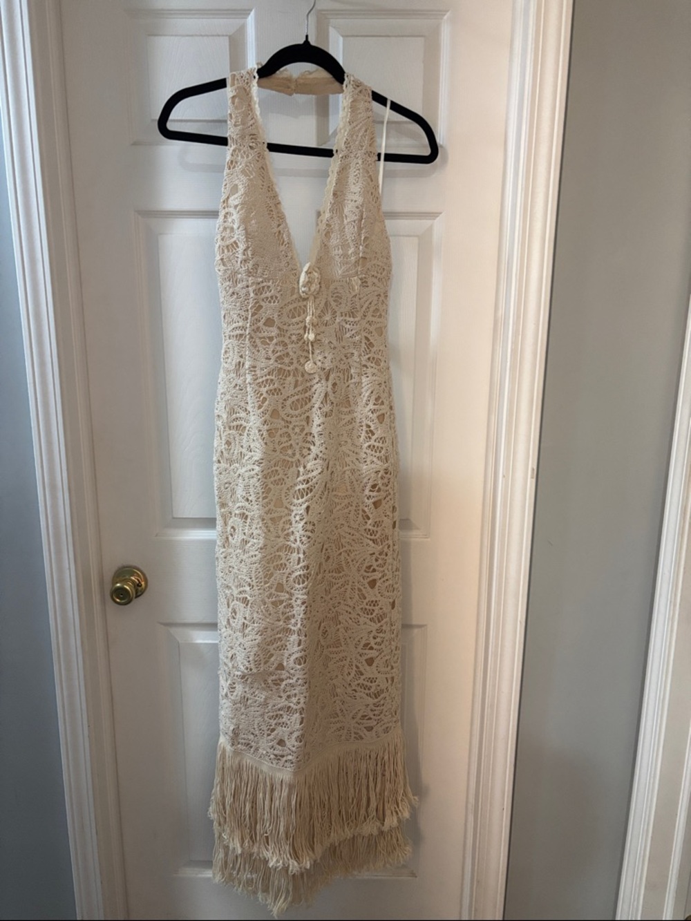 Crochet Halter Maxi Dress with Fringe in Cream